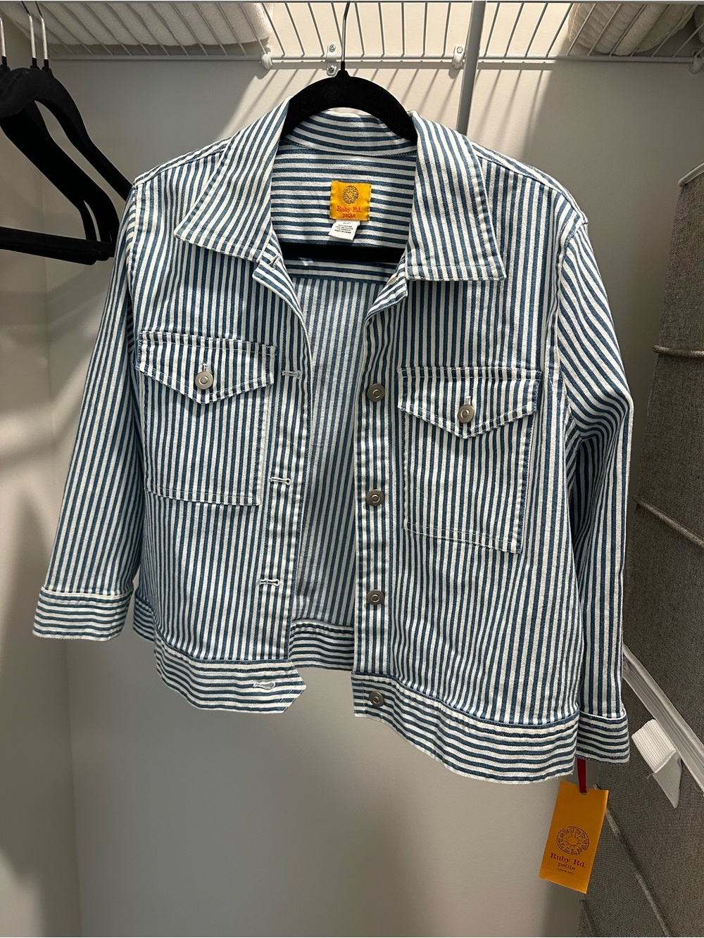 Ruby Rd. Petite Striped Jean Jacket in Blue & White